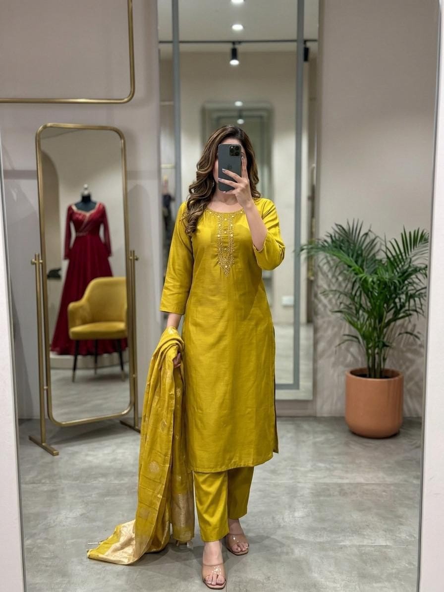 Mustard Yellow Embroidered Kurta Set with Banarasi Dupatta